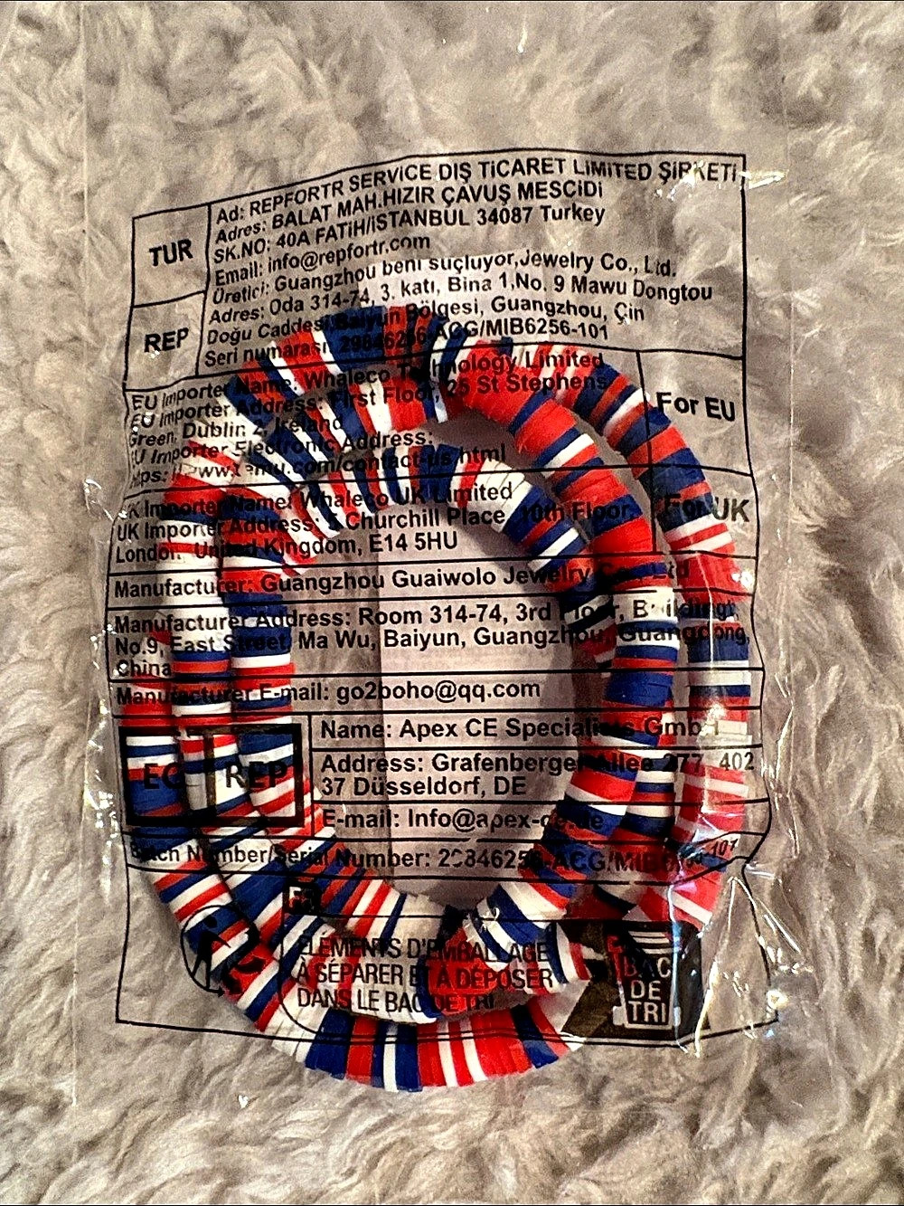 NWT-Red & Blue Striped elastic beaded bracelets
